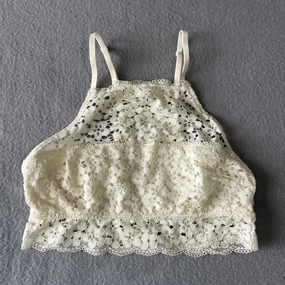 Aerie Lace Bralette Size S Cream High Neck Floral Lace Halter Adjustable Boho